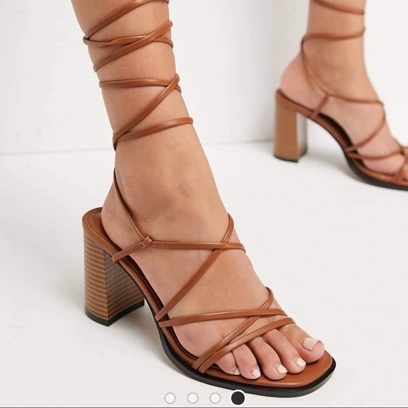 🍋🍊ASOS Waterlily Tie Leg Mid Heeled Sandals In Tan🍋🍊 - Picture 1 of 8